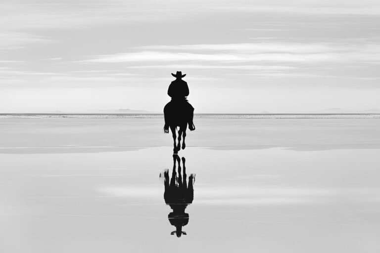 Silhouette of a cowboy riding a horse reflected in water at sunset.